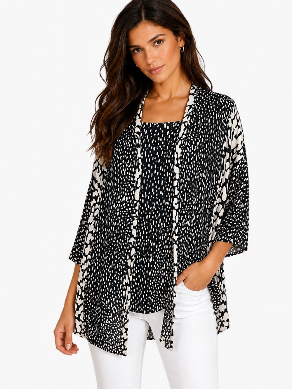 Grace Women’s 2X Black White Duster Cardigan Tank Set Animal Print